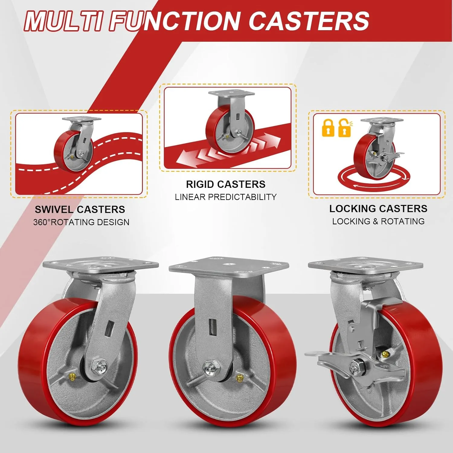 6" X 2" Caster Wheels, Heavy Duty Caster, Polyurethane Wheels/with Roller Bearing, Steel Hub, Capacity up to 1200LBS, Use for Platform Truck, U-Boat Cart,Workbenches(1 Swivel)