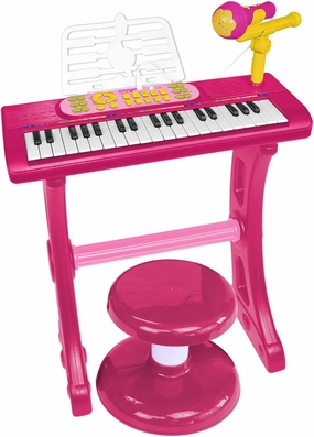 | MiniKeyFun - Tastiera Giocattolo a 37 Tasti per Piccoli Musicisti con Microfono, Sgabello e Leggio, Blu e Rosso, 60x43x12cm