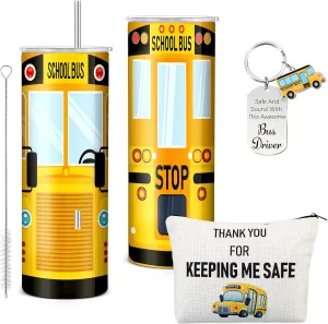 Abbylike 3 Pcs Bus Driver Appreciation Gifts 20oz School Bus Driver Tumbler with Lid and Straw Makeup Bag Back to School Gift for Men Women