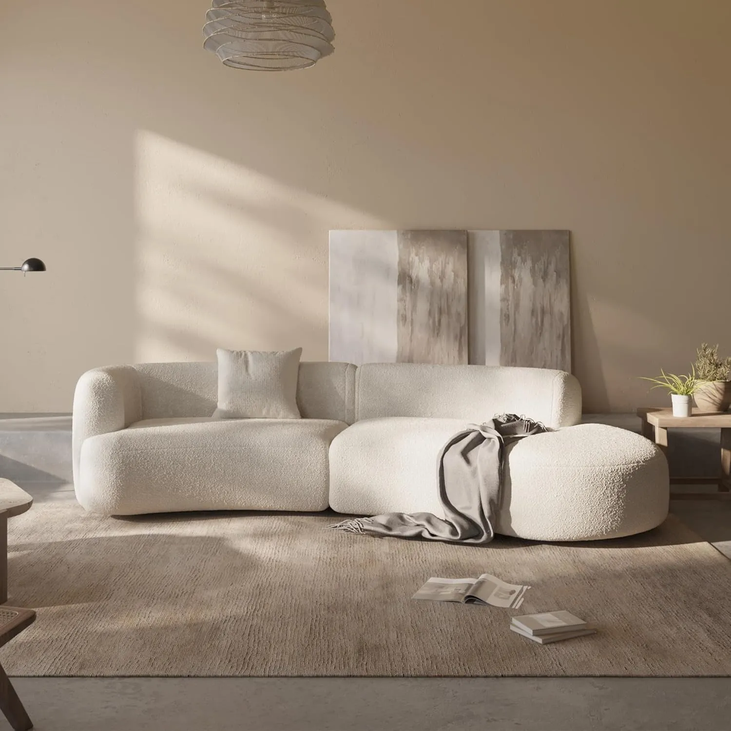 Acanva Modern Curved Sectional Living Room Couch, Minimalist Comfy Boucle Fabric Modular Sofa for Apartment, Home Office, Right Hand Facing, White