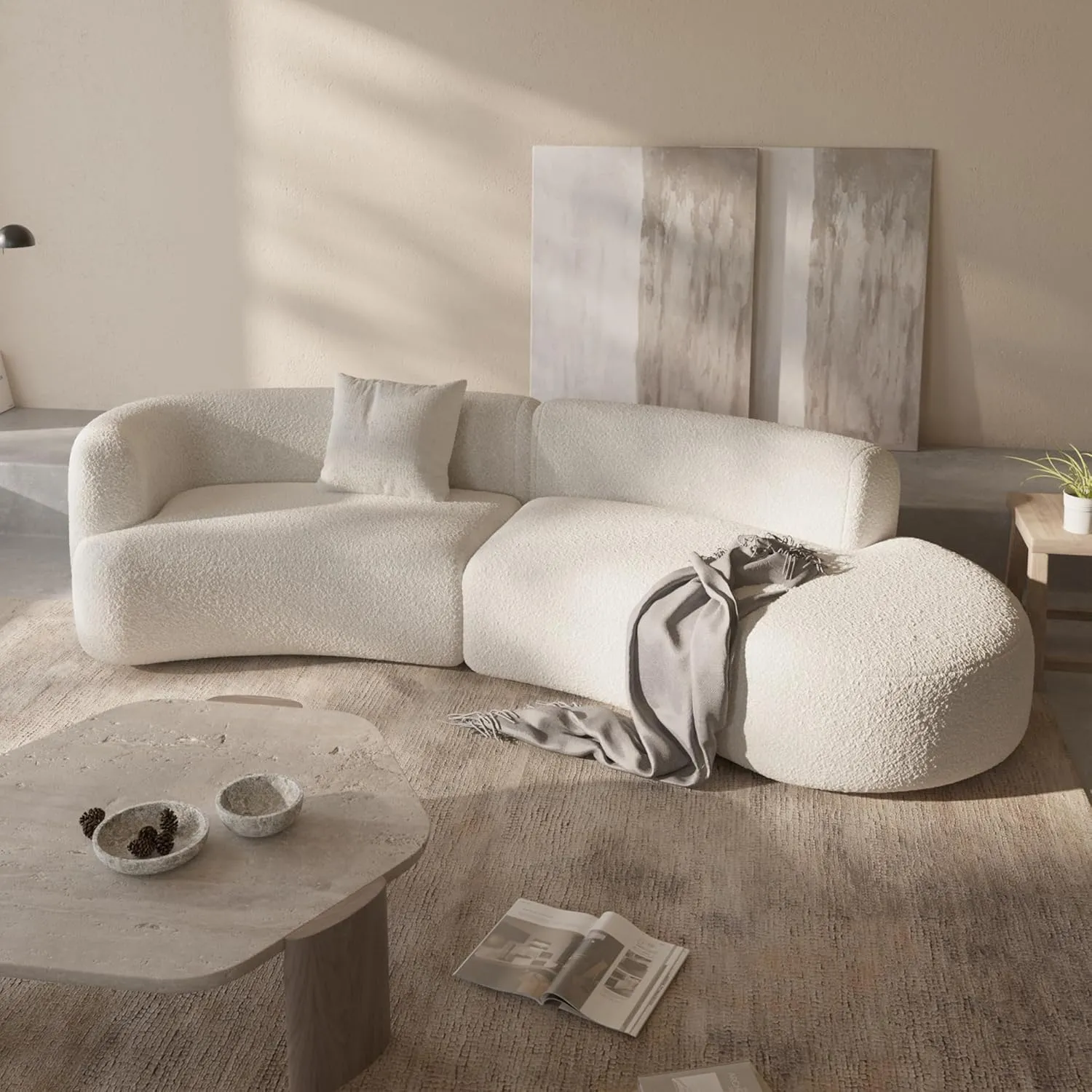 Acanva Modern Curved Sectional Living Room Couch, Minimalist Comfy Boucle Fabric Modular Sofa for Apartment, Home Office, Right Hand Facing, White