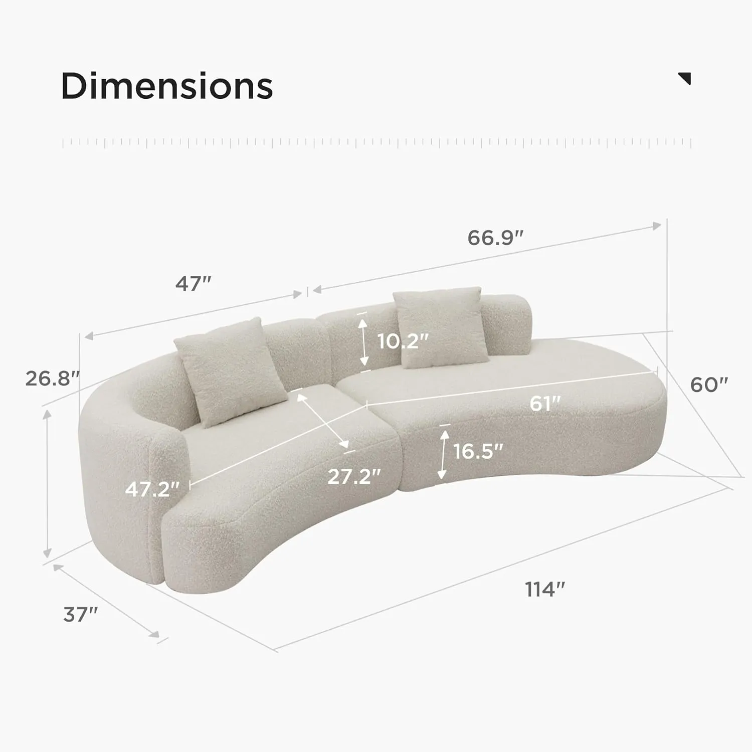 Acanva Modern Curved Sectional Living Room Couch, Minimalist Comfy Boucle Fabric Modular Sofa for Apartment, Home Office, Right Hand Facing, White
