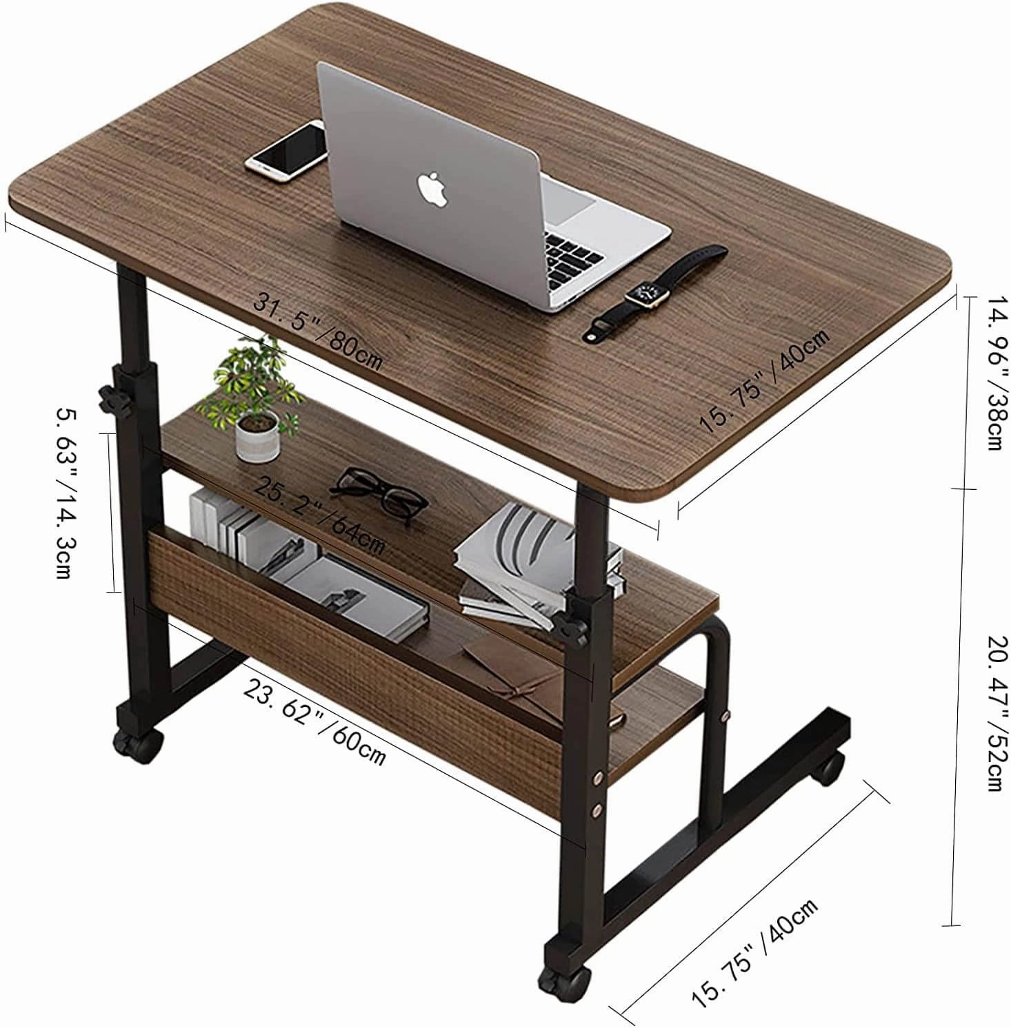 Adjustable Table Student Computer Desk Portable Home Office Furniture Small Spaces Sofa Bedroom Bedside Learn Play Game Desk on Wheels Movable with Storage Size 31.5 * 15.7 Inch Brown A