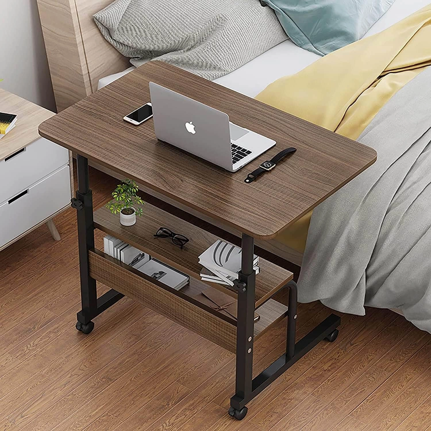 Adjustable Table Student Computer Desk Portable Home Office Furniture Small Spaces Sofa Bedroom Bedside Learn Play Game Desk on Wheels Movable with Storage Size 31.5 * 15.7 Inch Brown A