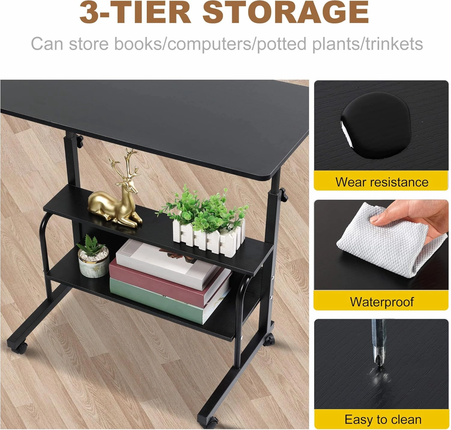 Adjustable Table Student Computer Desk Portable Home Office Furniture Small Spaces Sofa Bedroom Bedside Learn Play Game Desk on Wheels Movable with Storage Size 31.5 * 15.7 Inch Brown A