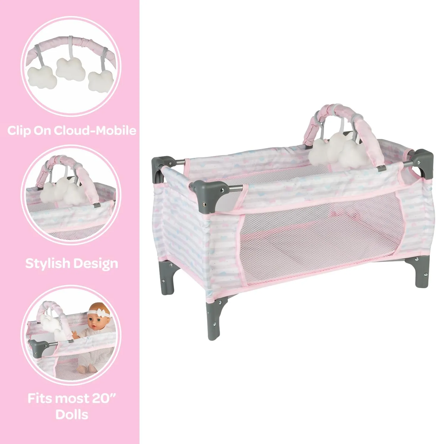 Adora Pink Deluxe Doll Pack-N-Play, Crib & Changing Table Set, Includes Storage Box, Holds Most Dolls up to 20' for Ages 3 