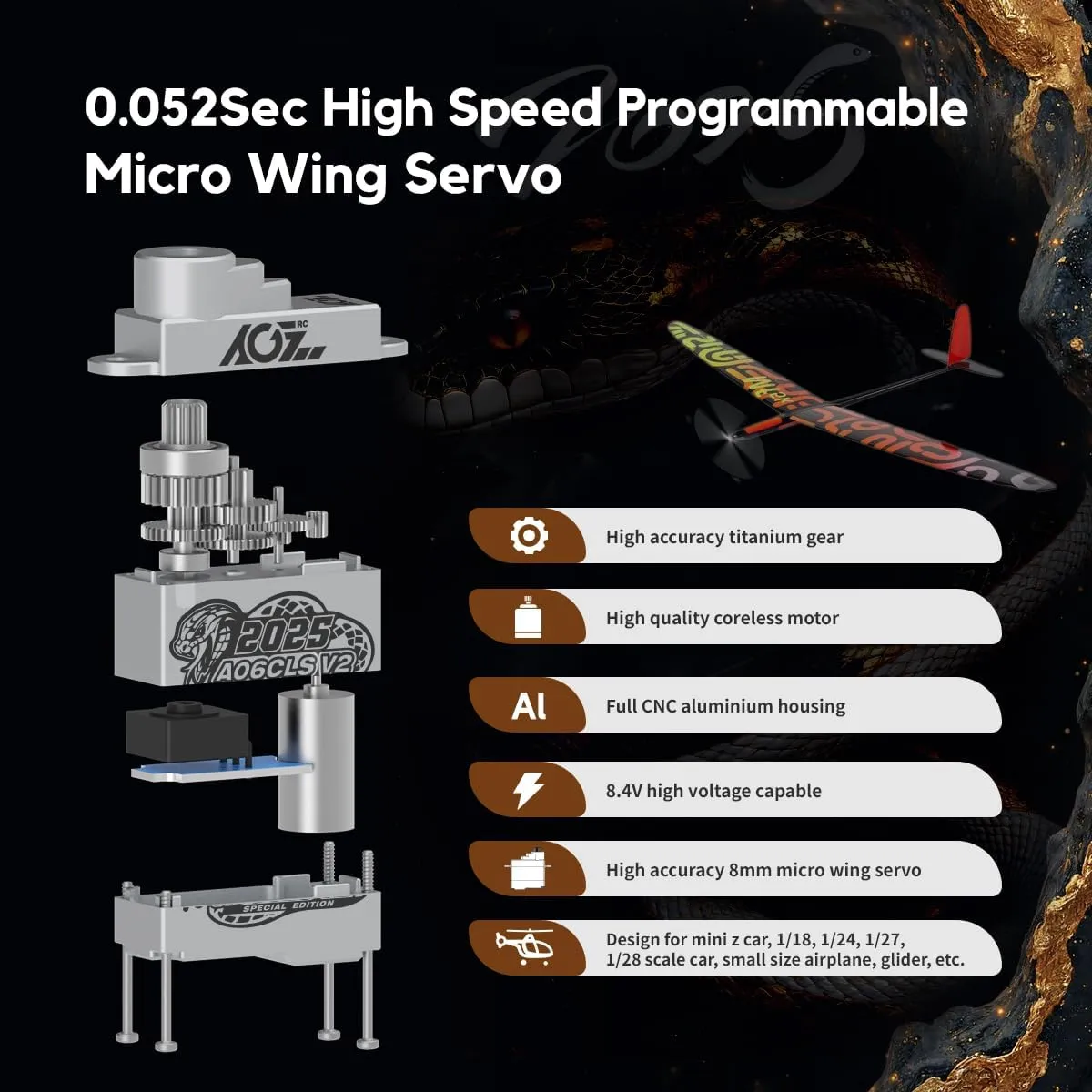 AGFRC 3.0kg Micro RC-Steering Servo-Motor - 0.052Sec High Speed HV Full Metal Gear Digital Coreless Servo for Mini-Z Cars, Small Airplanes (A06CLS V2 2025 Special Edition)