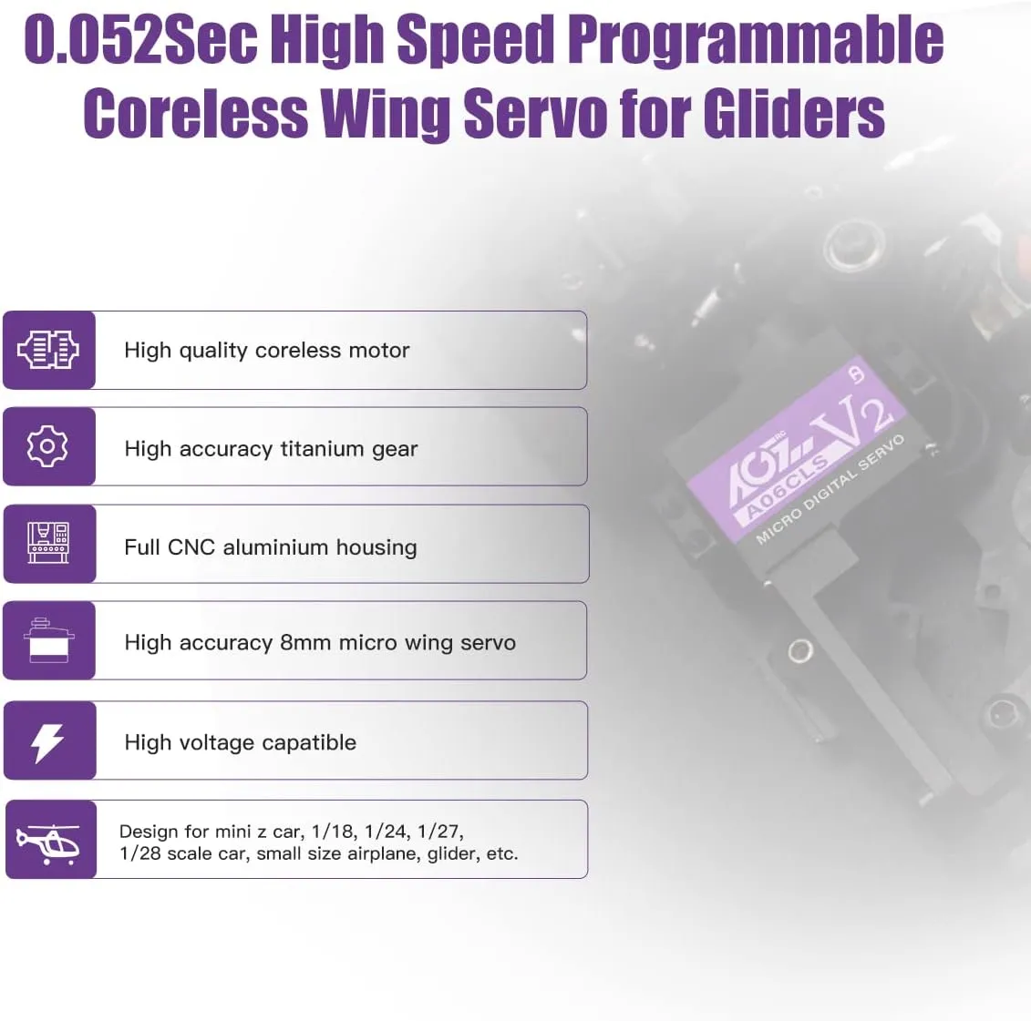 AGFRC Mini-Z-Car Micro Steering Servo - 6g High Speed Full Metal Gear Mini Digital Coreless Servo for Mini Z Car (A06CLS V2(Purple))