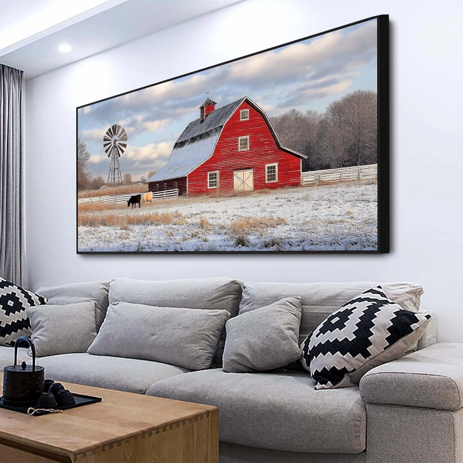 Agitowis Barn Canvas Wall Art, Windmill Pictures Wall Decor, Rustic Red Barn Painting, Farm Animal Wall Art, Country Landscape Wall Art, Rustic Farmhouse Wall Decor (Black Framed, 23" Wx12 H/60x30cm)