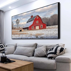Agitowis Barn Canvas Wall Art, Windmill Pictures Wall Decor, Rustic Red Barn Painting, Farm Animal Wall Art, Country Landscape Wall Art, Rustic Farmhouse Wall Decor (Black Framed, 23" Wx12 H/60x30cm)