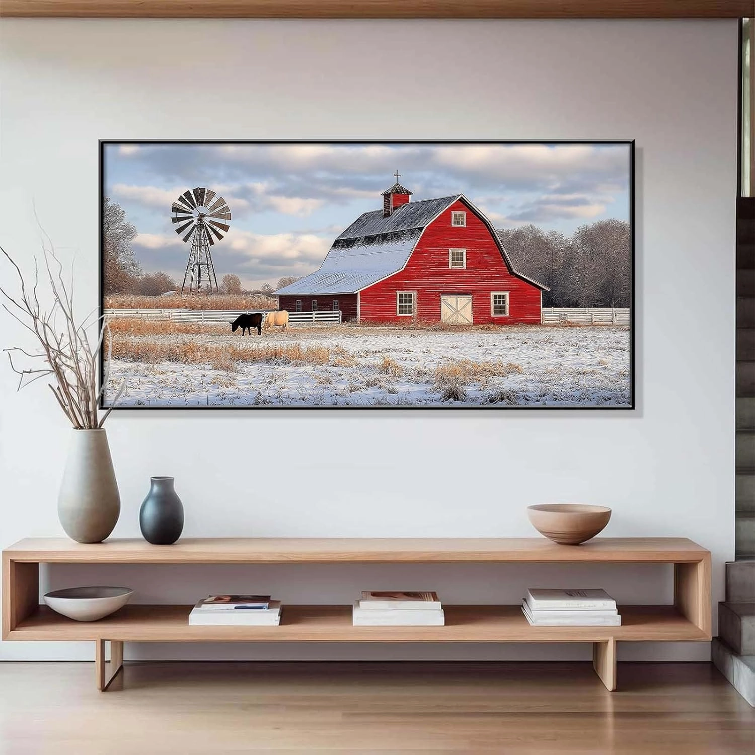 Agitowis Barn Canvas Wall Art, Windmill Pictures Wall Decor, Rustic Red Barn Painting, Farm Animal Wall Art, Country Landscape Wall Art, Rustic Farmhouse Wall Decor (Black Framed, 23" Wx12 H/60x30cm)