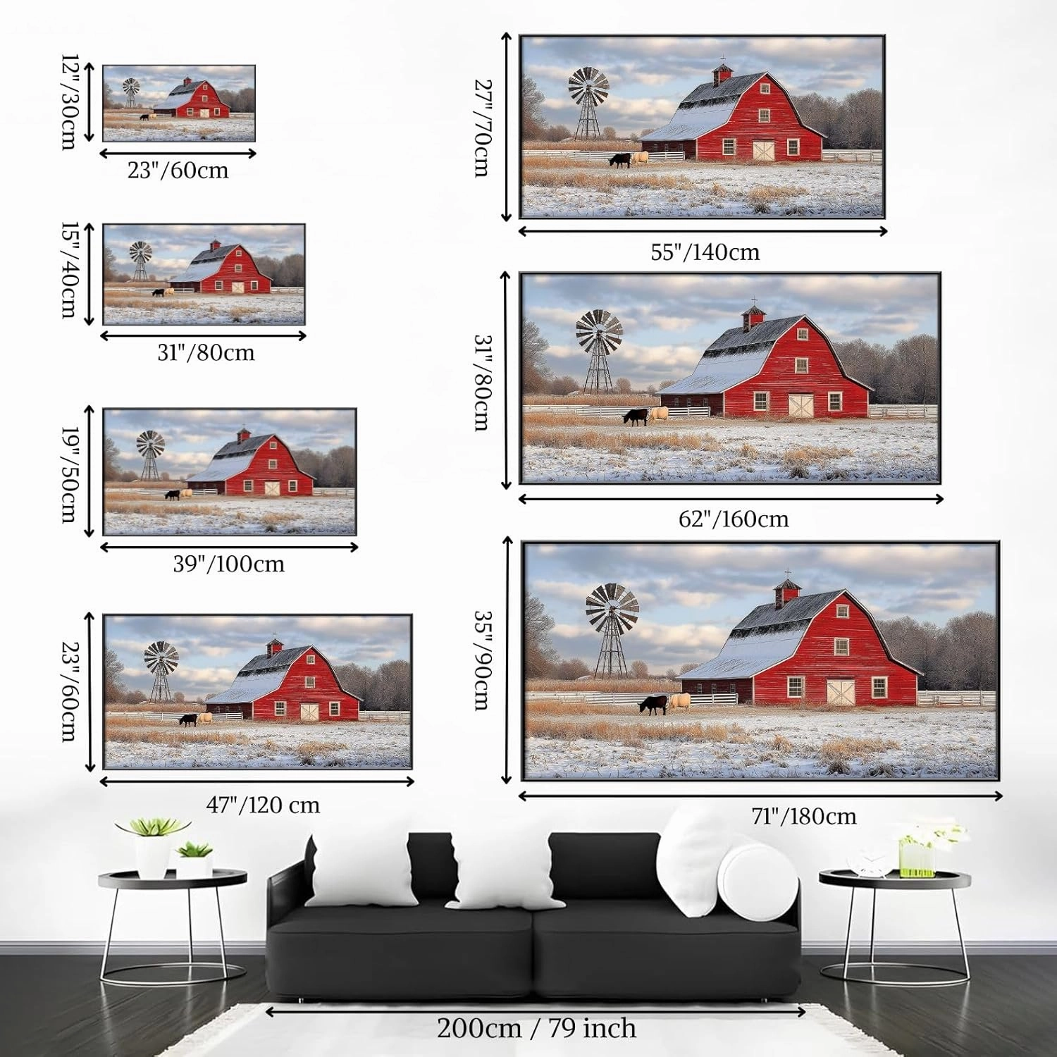 Agitowis Barn Canvas Wall Art, Windmill Pictures Wall Decor, Rustic Red Barn Painting, Farm Animal Wall Art, Country Landscape Wall Art, Rustic Farmhouse Wall Decor (Black Framed, 23" Wx12 H/60x30cm)