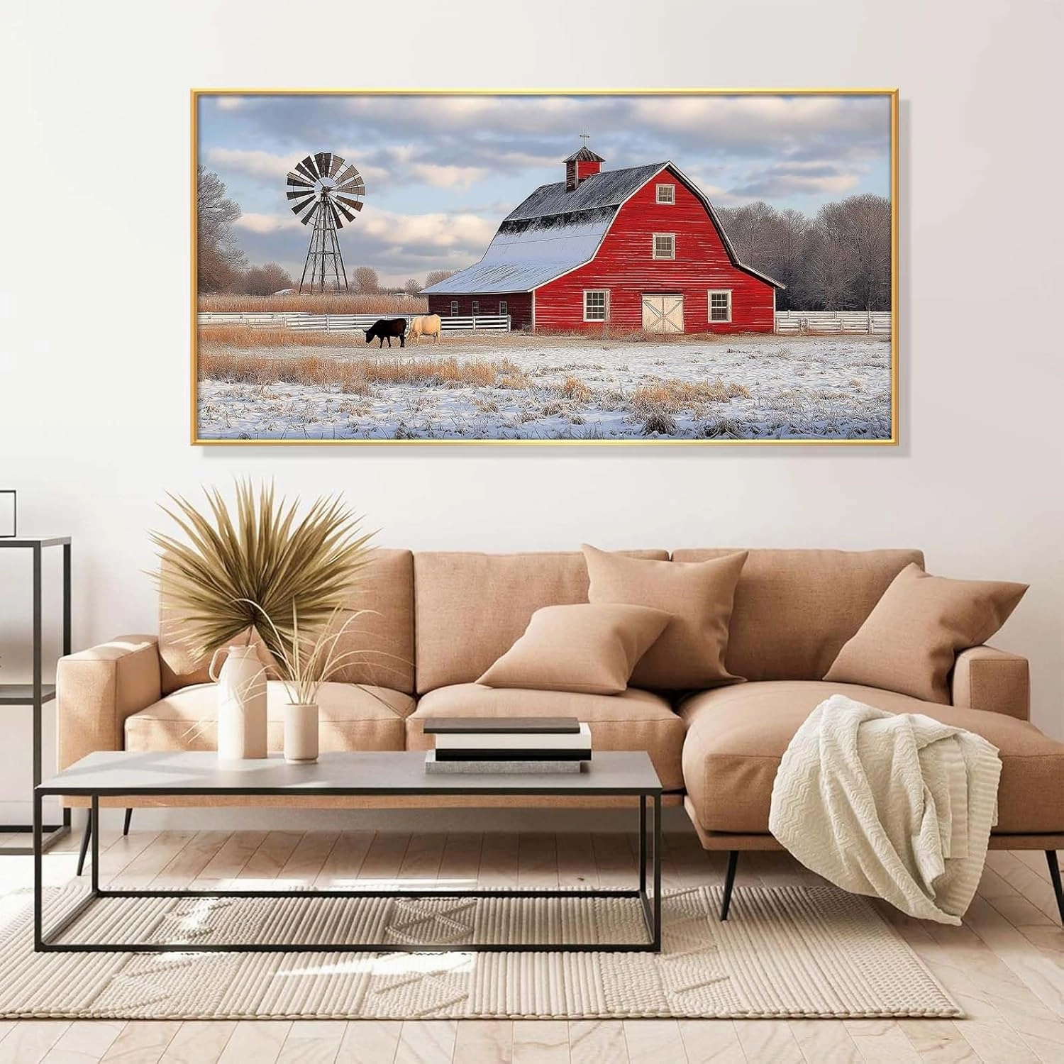 Agitowis Barn Canvas Wall Art, Windmill Pictures Wall Decor, Rustic Red Barn Painting, Farm Animal Wall Art, Country Landscape Wall Art, Rustic Farmhouse Wall Decor (Black Framed, 23" Wx12 H/60x30cm)