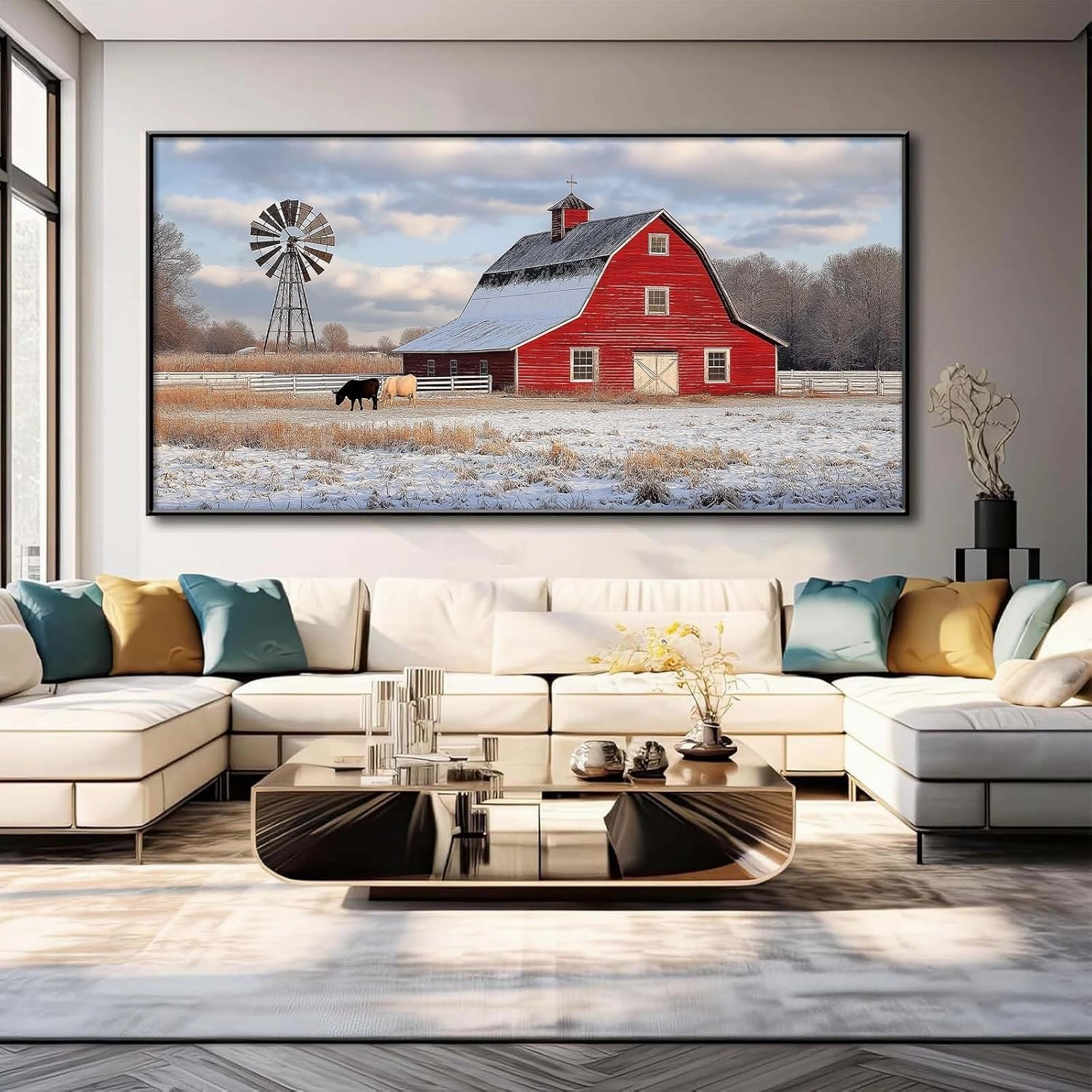 Agitowis Barn Canvas Wall Art, Windmill Pictures Wall Decor, Rustic Red Barn Painting, Farm Animal Wall Art, Country Landscape Wall Art, Rustic Farmhouse Wall Decor (Black Framed, 23" Wx12 H/60x30cm)