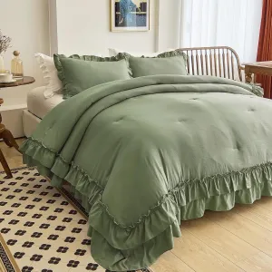 AIKASY Sea Green Comforters Queen Size Set, Vintage Boho Chic Farmhouse Bedding Sets Shabby Ruffle Queen Bed Comforter Bedding 3PCS（1 Comforter and 2 Pillowcases）