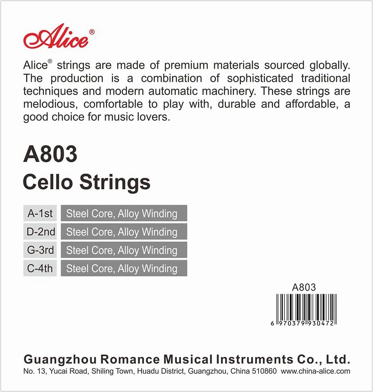 Alice Cello Strings 4/4 Full Set - Well Balanced & Deep-forceful Timbre, Steel Core with Alloy Winding, Cello Strings for 4/4 & 3/4 Size Cello (FullSet A D G and C)