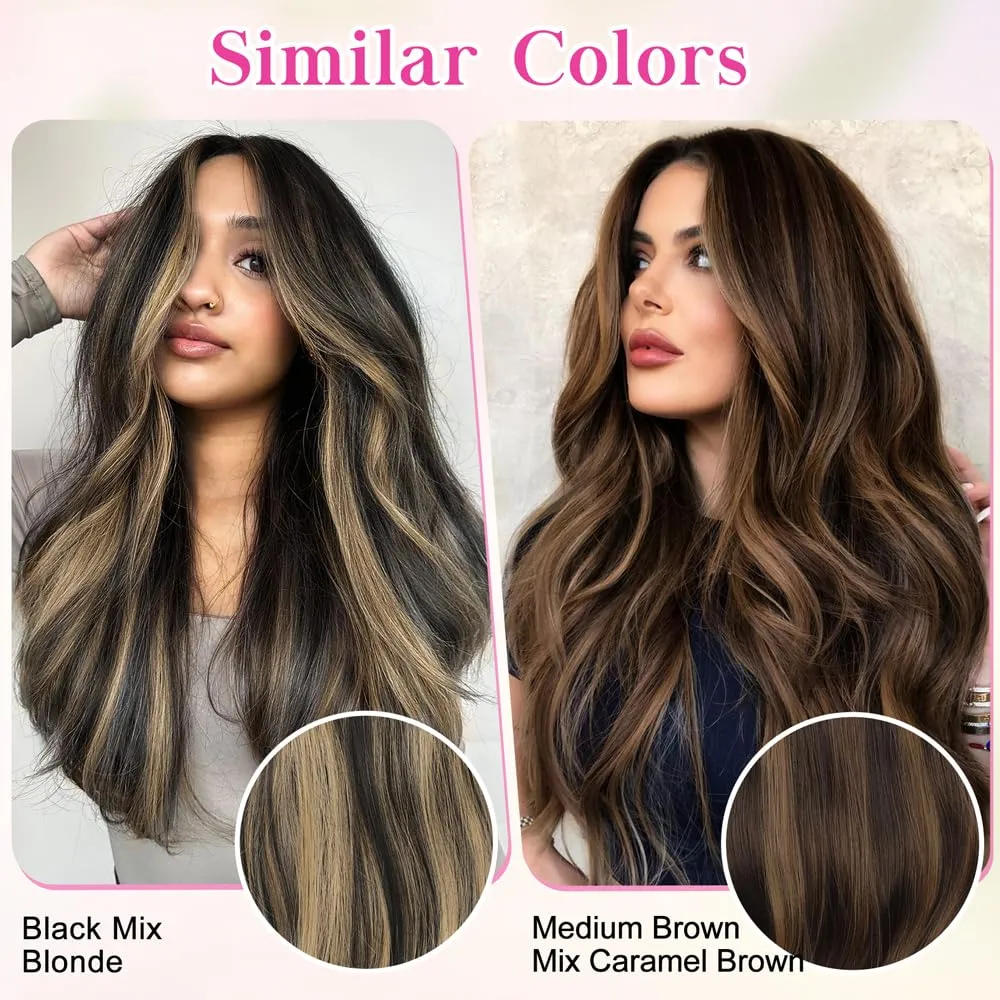 ALXNAN Clip in Hair Extensions - Thick Long Straight Layered Hair Extensions, Black Mix Blonde, 20 Inch Soft Lace Weft