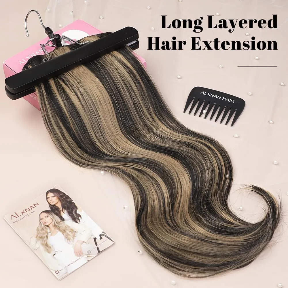 ALXNAN Clip in Hair Extensions - Thick Long Straight Layered Hair Extensions, Black Mix Blonde, 20 Inch Soft Lace Weft