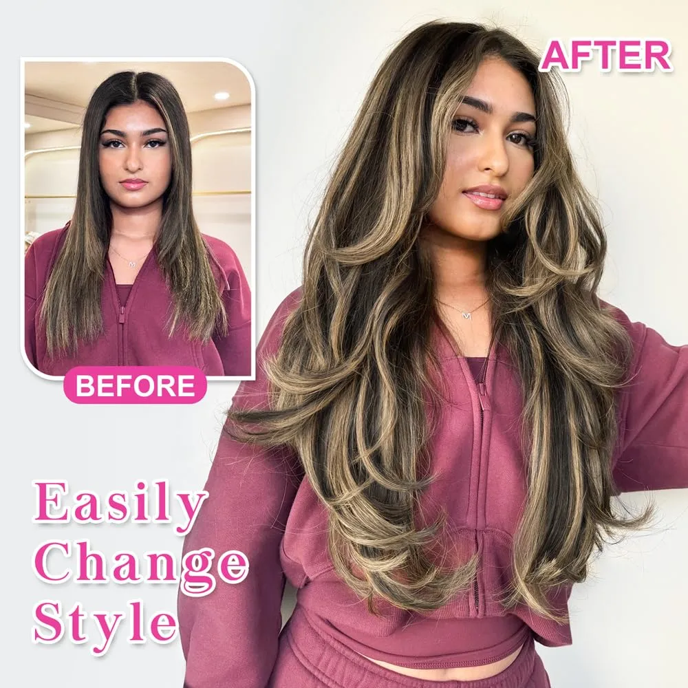 ALXNAN Clip in Hair Extensions - Thick Long Straight Layered Hair Extensions, Black Mix Blonde, 20 Inch Soft Lace Weft