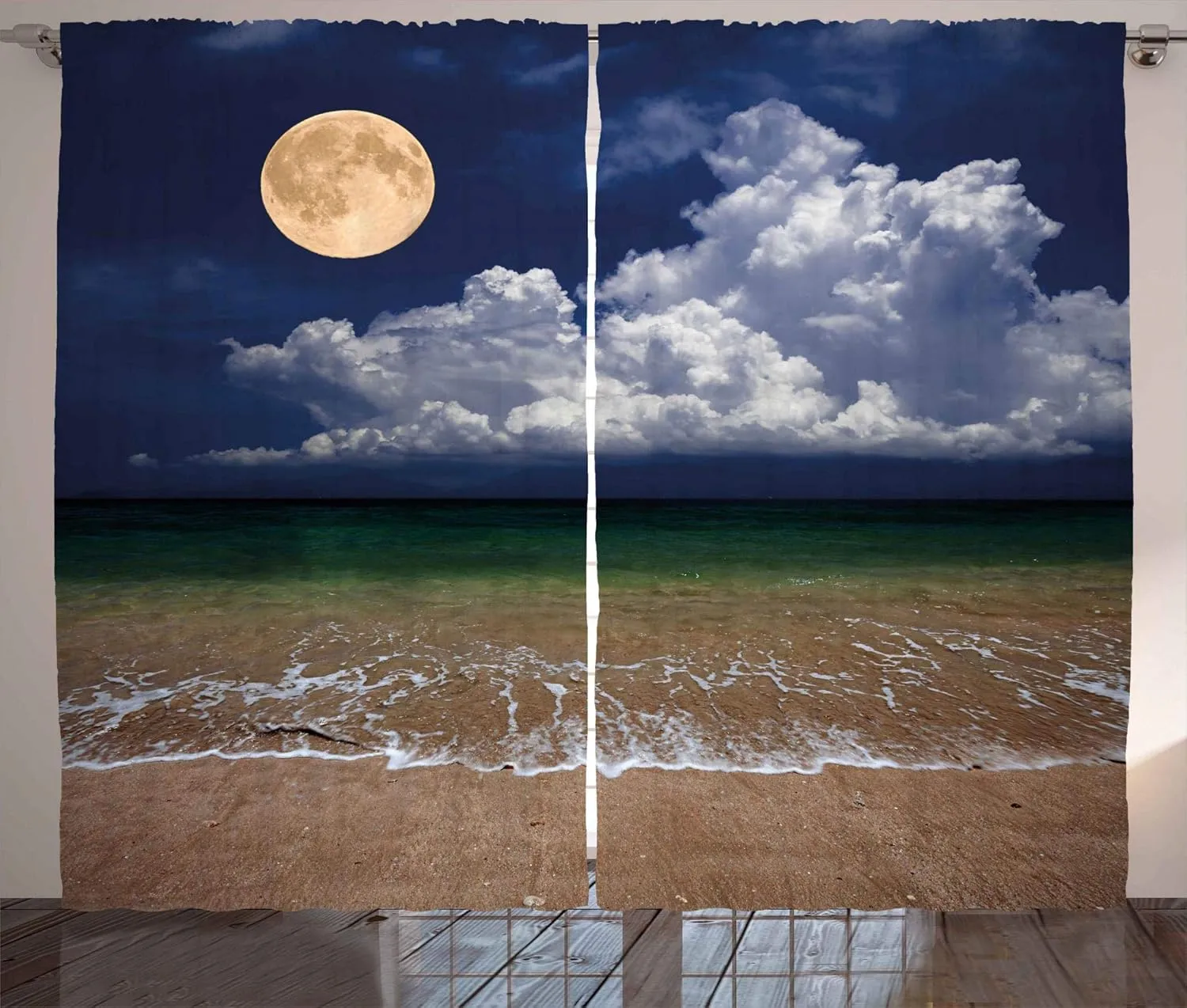 Ambesonne Nature Curtains, Night Sky Big Full Moon and Fluffy Clouds Over The Ocean Waves Sandy Beach Seashore, Living Room Bedroom Window Drapes 2 Panel Set, 108" X 90", Dark Blue