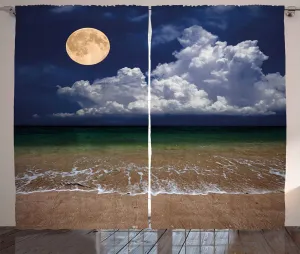 Ambesonne Nature Curtains, Night Sky Big Full Moon and Fluffy Clouds Over The Ocean Waves Sandy Beach Seashore, Living Room Bedroom Window Drapes 2 Panel Set, 108" X 90", Dark Blue