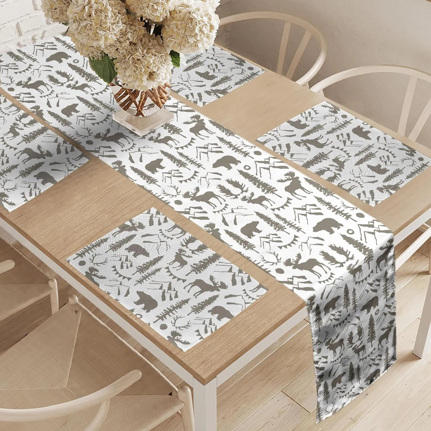Ambesonne Northwoods Table Runner & Placemats, Forest Elements with Bear Moose Trees and Mountains Wildlife Nature Theme, Set for Dining Table Decor, Placemat 4 pcs   Runner 16"x72", Taupe White