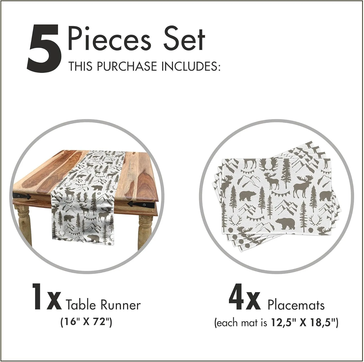 Ambesonne Northwoods Table Runner & Placemats, Forest Elements with Bear Moose Trees and Mountains Wildlife Nature Theme, Set for Dining Table Decor, Placemat 4 pcs   Runner 16"x72", Taupe White