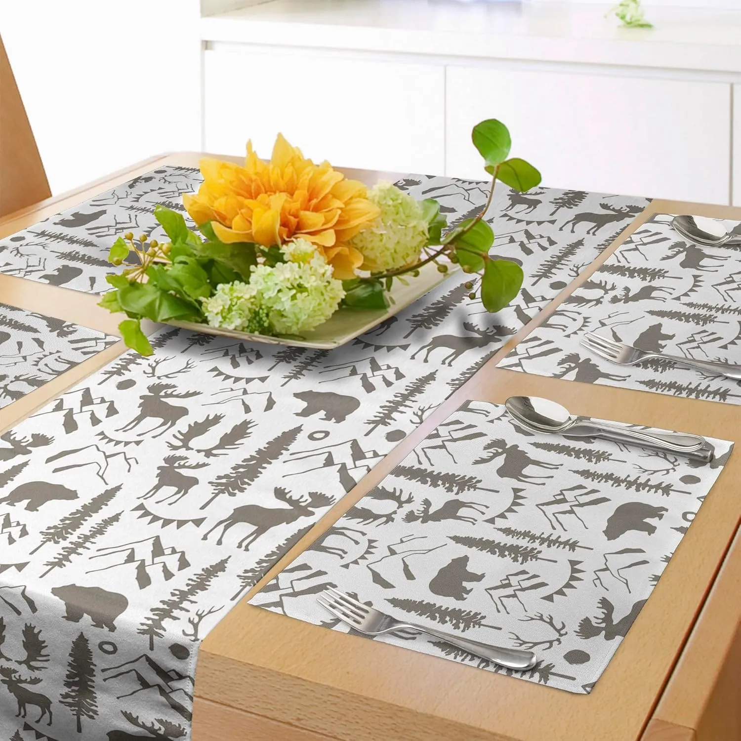 Ambesonne Northwoods Table Runner & Placemats, Forest Elements with Bear Moose Trees and Mountains Wildlife Nature Theme, Set for Dining Table Decor, Placemat 4 pcs   Runner 16"x72", Taupe White