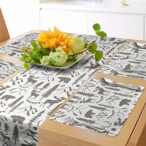 Ambesonne Northwoods Table Runner & Placemats, Forest Elements with Bear Moose Trees and Mountains Wildlife Nature Theme, Set for Dining Table Decor, Placemat 4 pcs   Runner 16"x72", Taupe White