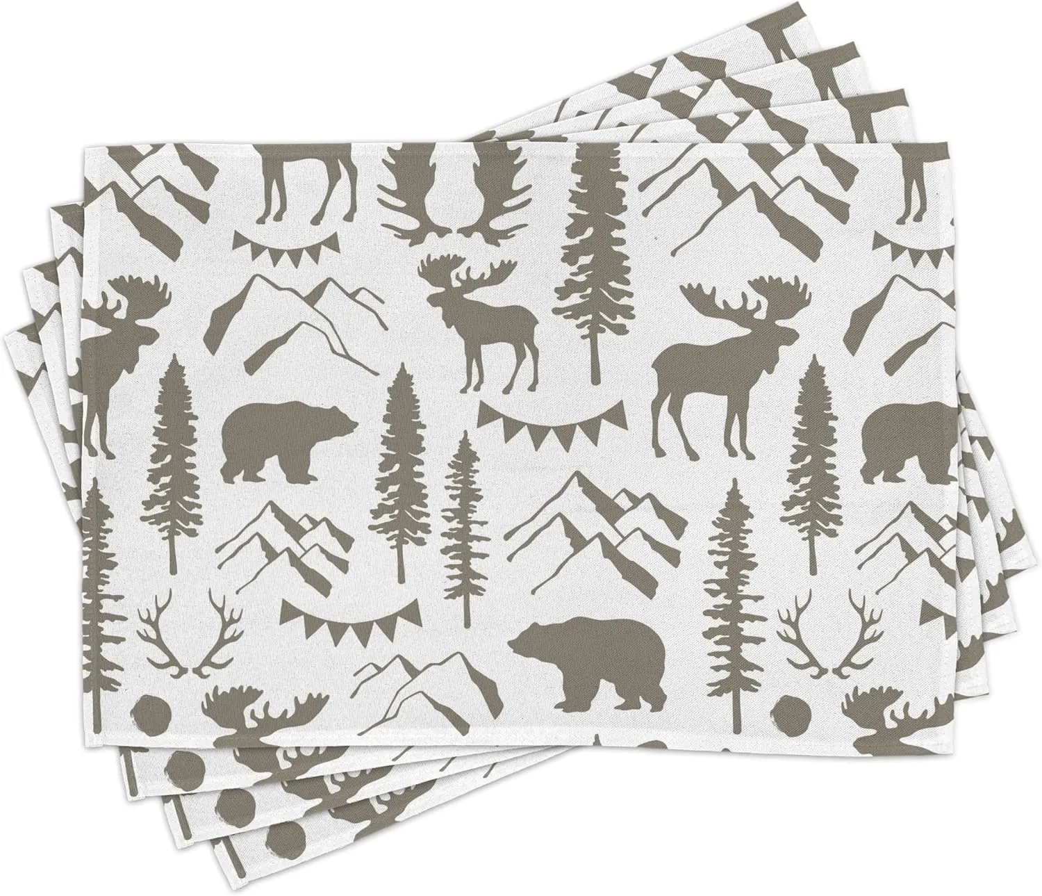 Ambesonne Northwoods Table Runner & Placemats, Forest Elements with Bear Moose Trees and Mountains Wildlife Nature Theme, Set for Dining Table Decor, Placemat 4 pcs   Runner 16"x72", Taupe White