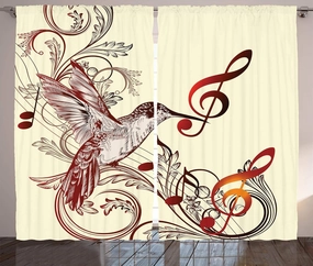 Ambesonne Hummingbirds Curtains, Flying Bird Musical Notes Clef Musical Ornate Design, Living Room Bedroom Window Drapes 2 Panel Set, 108" X 84", Black Ivory