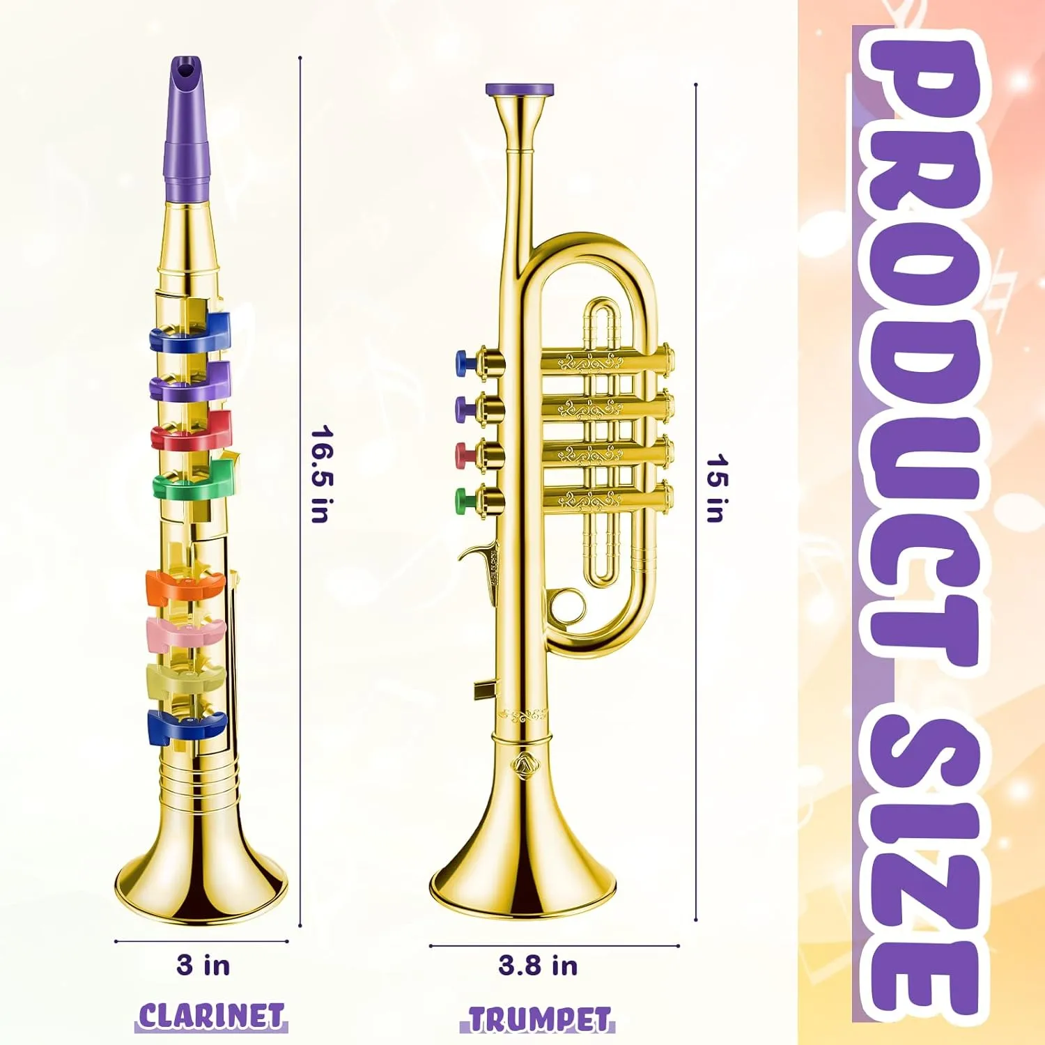 Amylove Set of 2 Musical Instruments Including Toy Clarinet and Trumpet, Plastic, Portable, 8 Colored Keys Early Educational Toys for Musical Gifts(Gold)