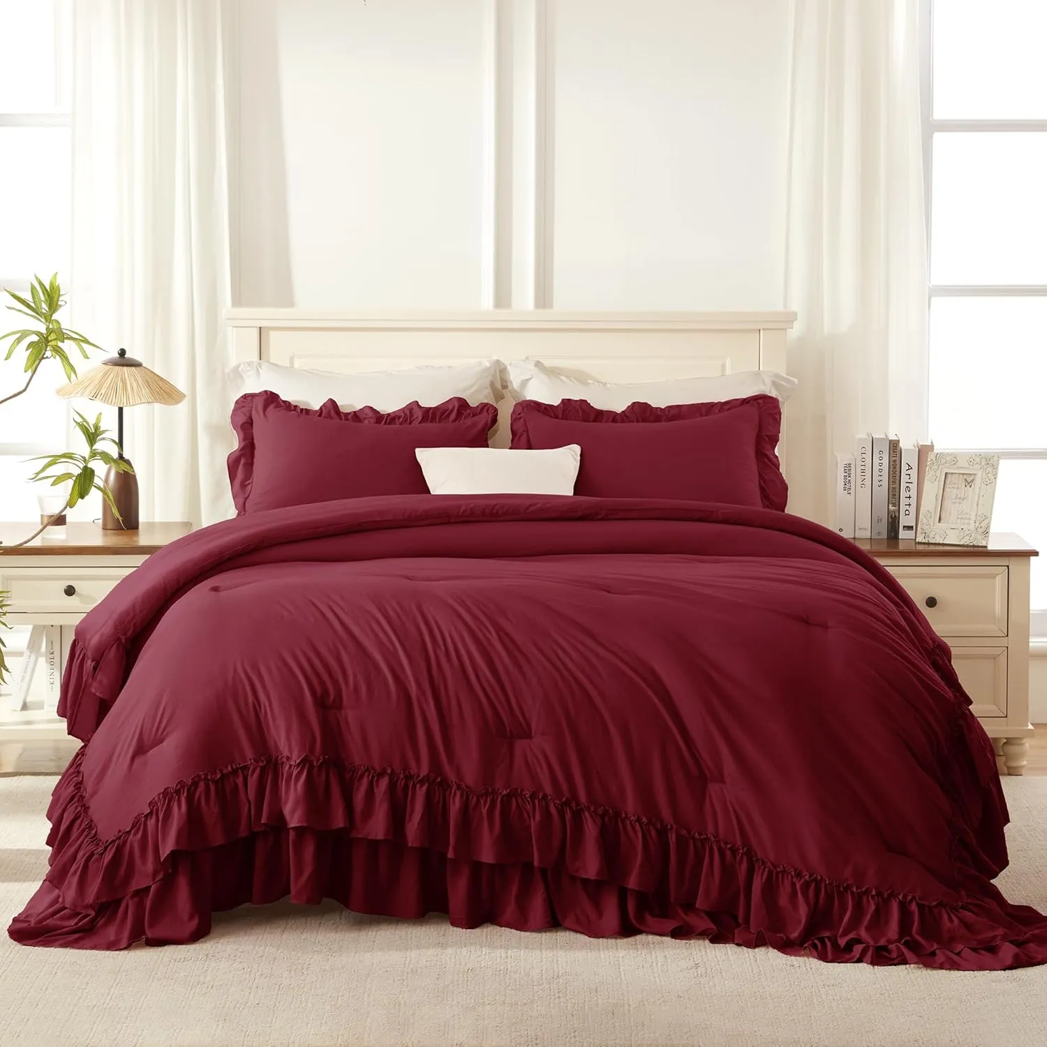 Andency Burgundy Twin Size Comforter Set(66x90Inch), 2 Pieces(1 Ruffle Comforter and 1 Pillowcase) Lightweight Fluffy Bedding Comforter Sets for Kids, All Season Soft Microfiber Bedding Set