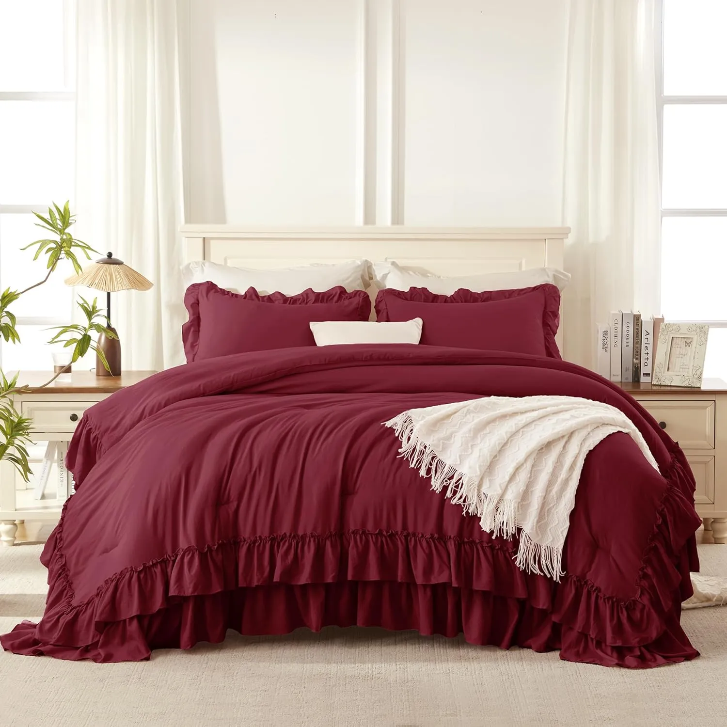 Andency Burgundy Twin Size Comforter Set(66x90Inch), 2 Pieces(1 Ruffle Comforter and 1 Pillowcase) Lightweight Fluffy Bedding Comforter Sets for Kids, All Season Soft Microfiber Bedding Set