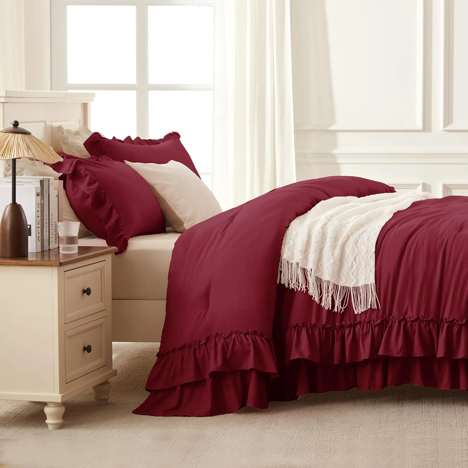 Andency Burgundy Twin Size Comforter Set(66x90Inch), 2 Pieces(1 Ruffle Comforter and 1 Pillowcase) Lightweight Fluffy Bedding Comforter Sets for Kids, All Season Soft Microfiber Bedding Set
