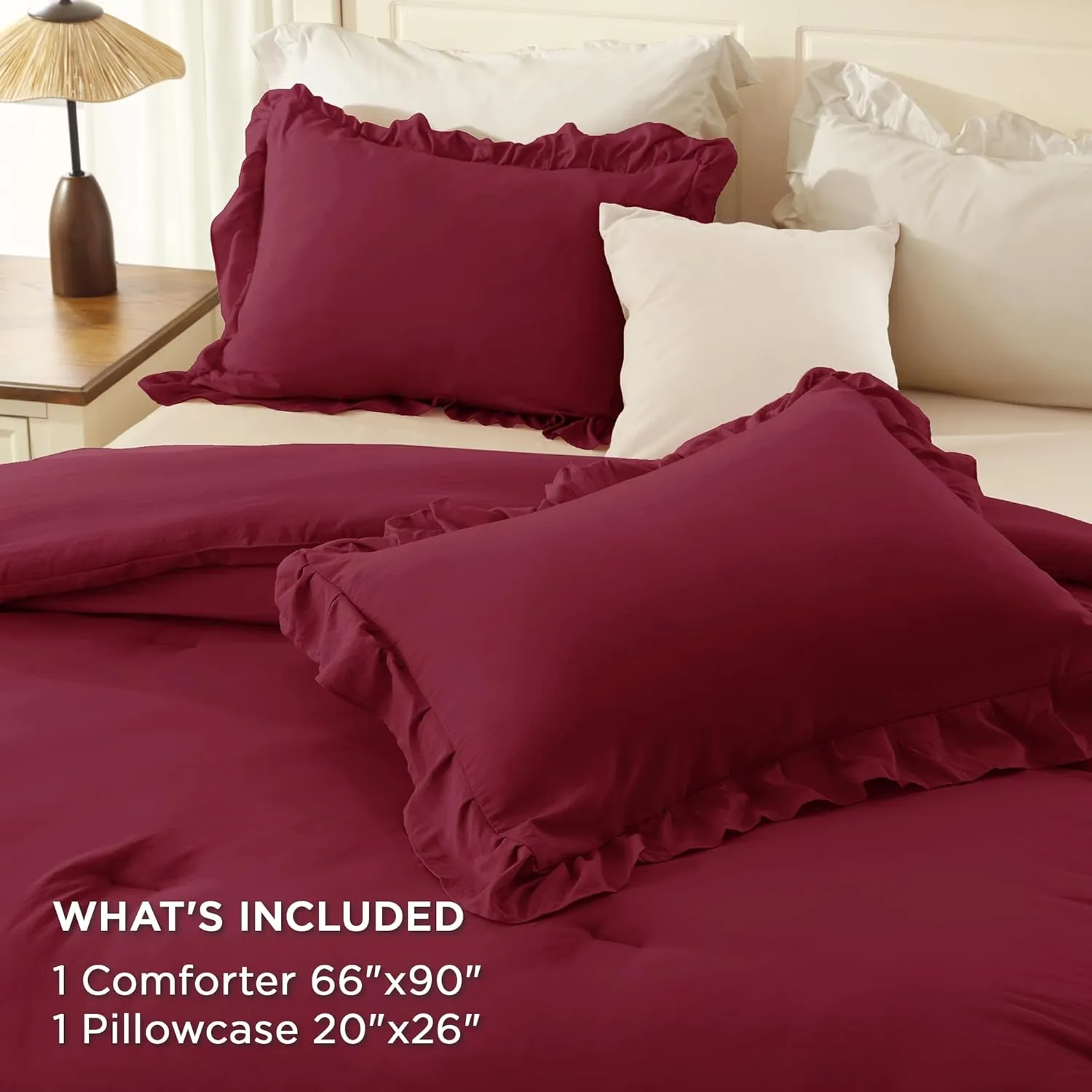 Andency Burgundy Twin Size Comforter Set(66x90Inch), 2 Pieces(1 Ruffle Comforter and 1 Pillowcase) Lightweight Fluffy Bedding Comforter Sets for Kids, All Season Soft Microfiber Bedding Set