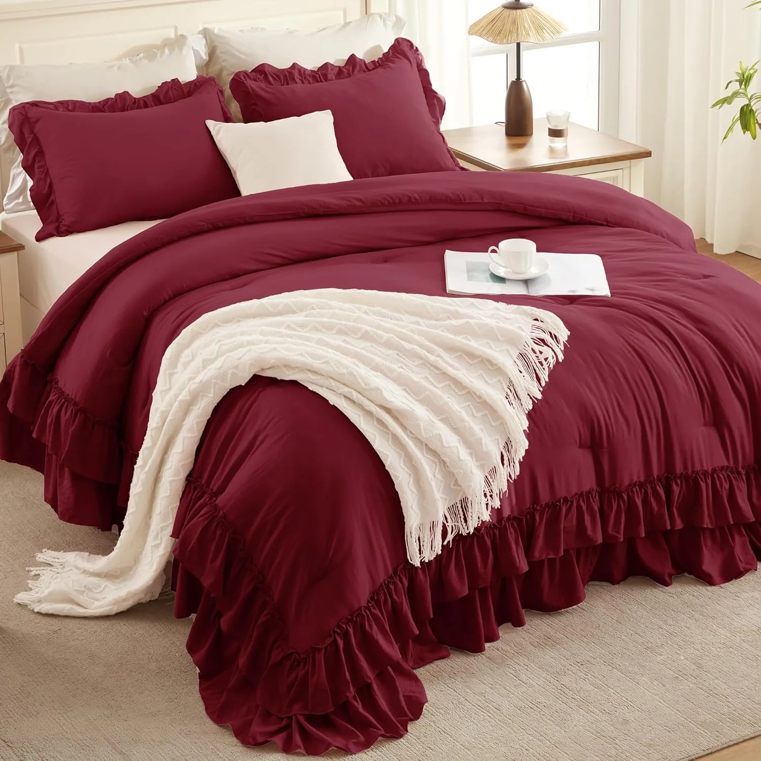 Andency Burgundy Twin Size Comforter Set(66x90Inch), 2 Pieces(1 Ruffle Comforter and 1 Pillowcase) Lightweight Fluffy Bedding Comforter Sets for Kids, All Season Soft Microfiber Bedding Set
