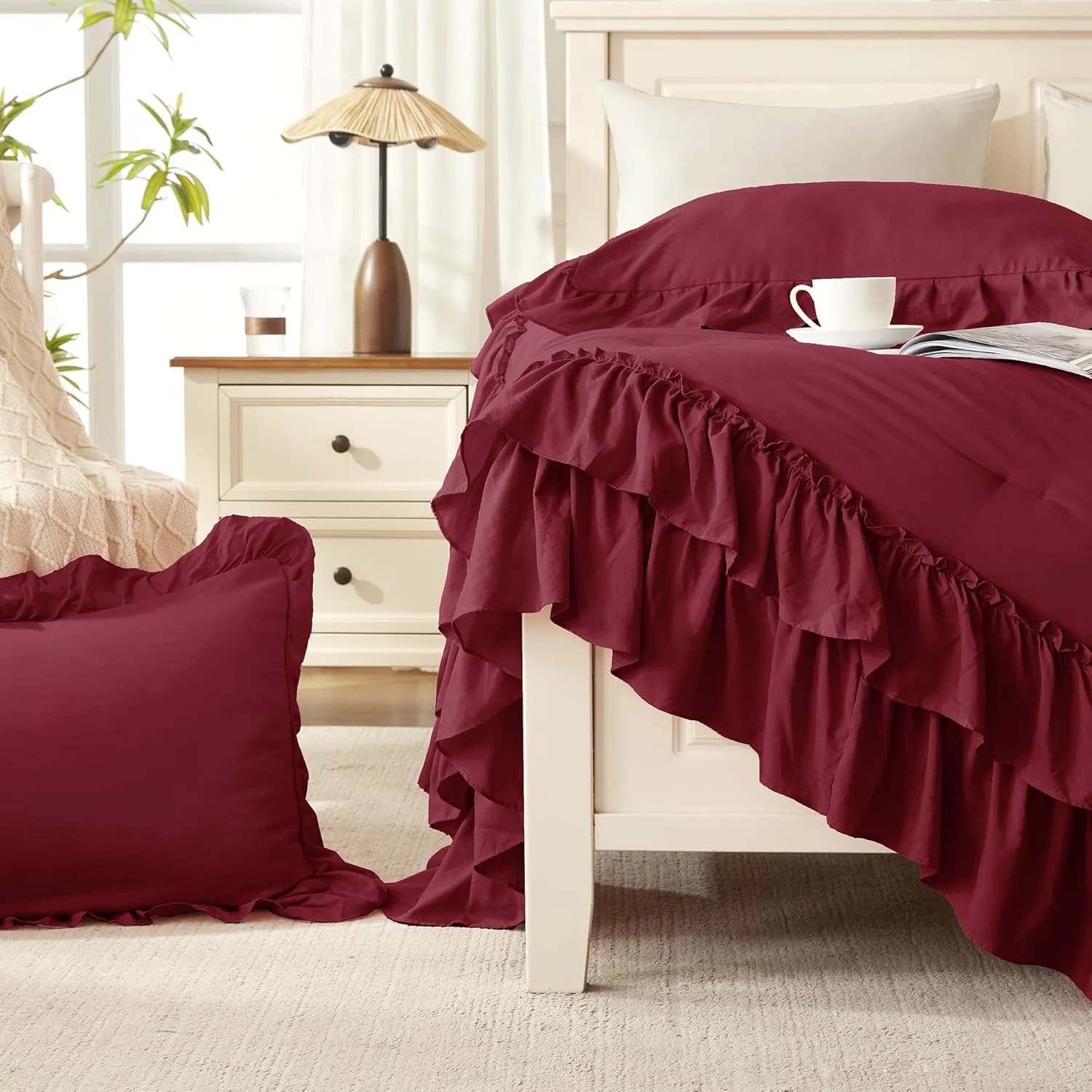 Andency Burgundy Twin Size Comforter Set(66x90Inch), 2 Pieces(1 Ruffle Comforter and 1 Pillowcase) Lightweight Fluffy Bedding Comforter Sets for Kids, All Season Soft Microfiber Bedding Set