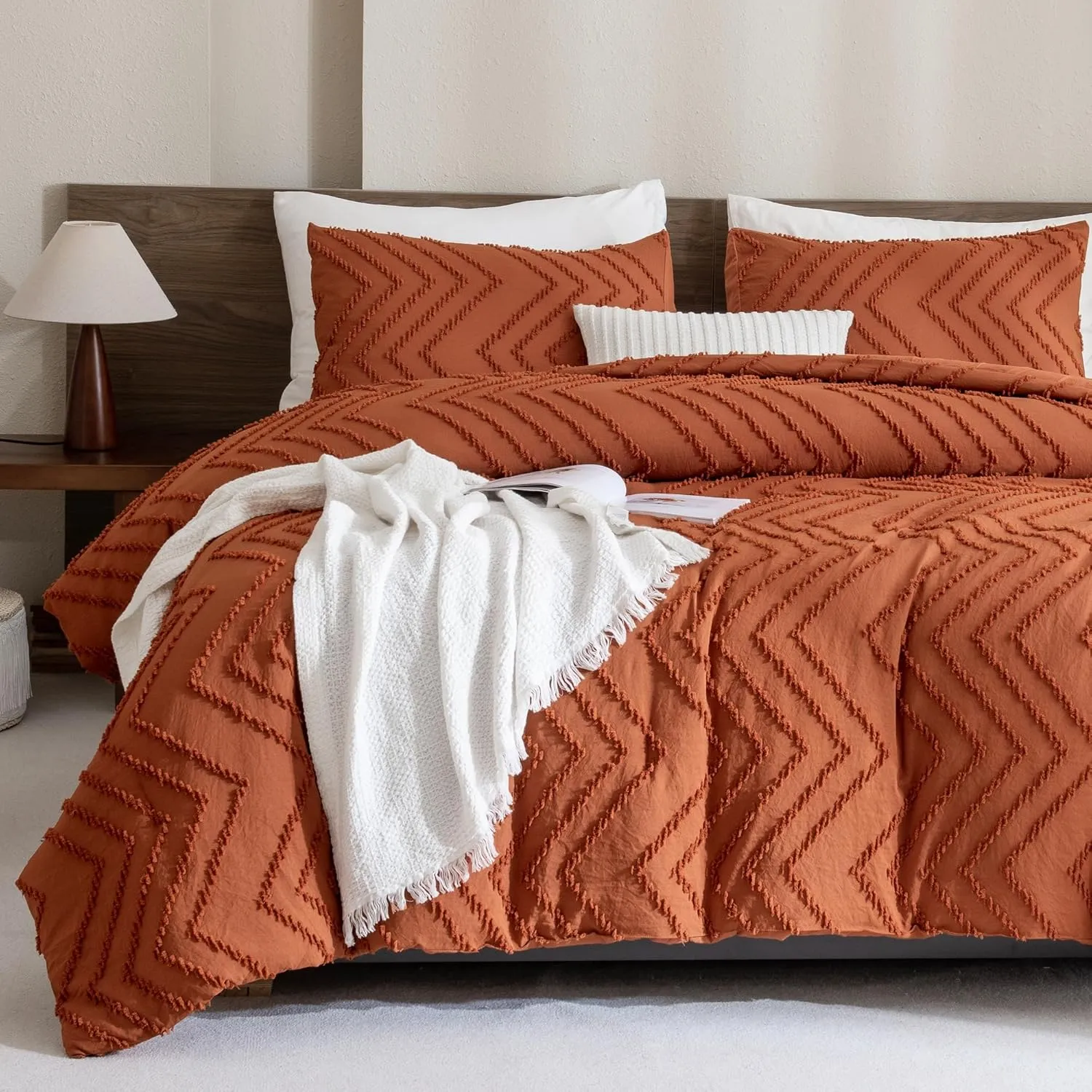 Andency Burnt Orange King Size Comforter, Boho Terracotta Soft Warm Bedding Comforter Sets for King Bed, 3 Pieces Rust Chevron Tufted Aesthetic Microfiber Lightweight Comforter Set