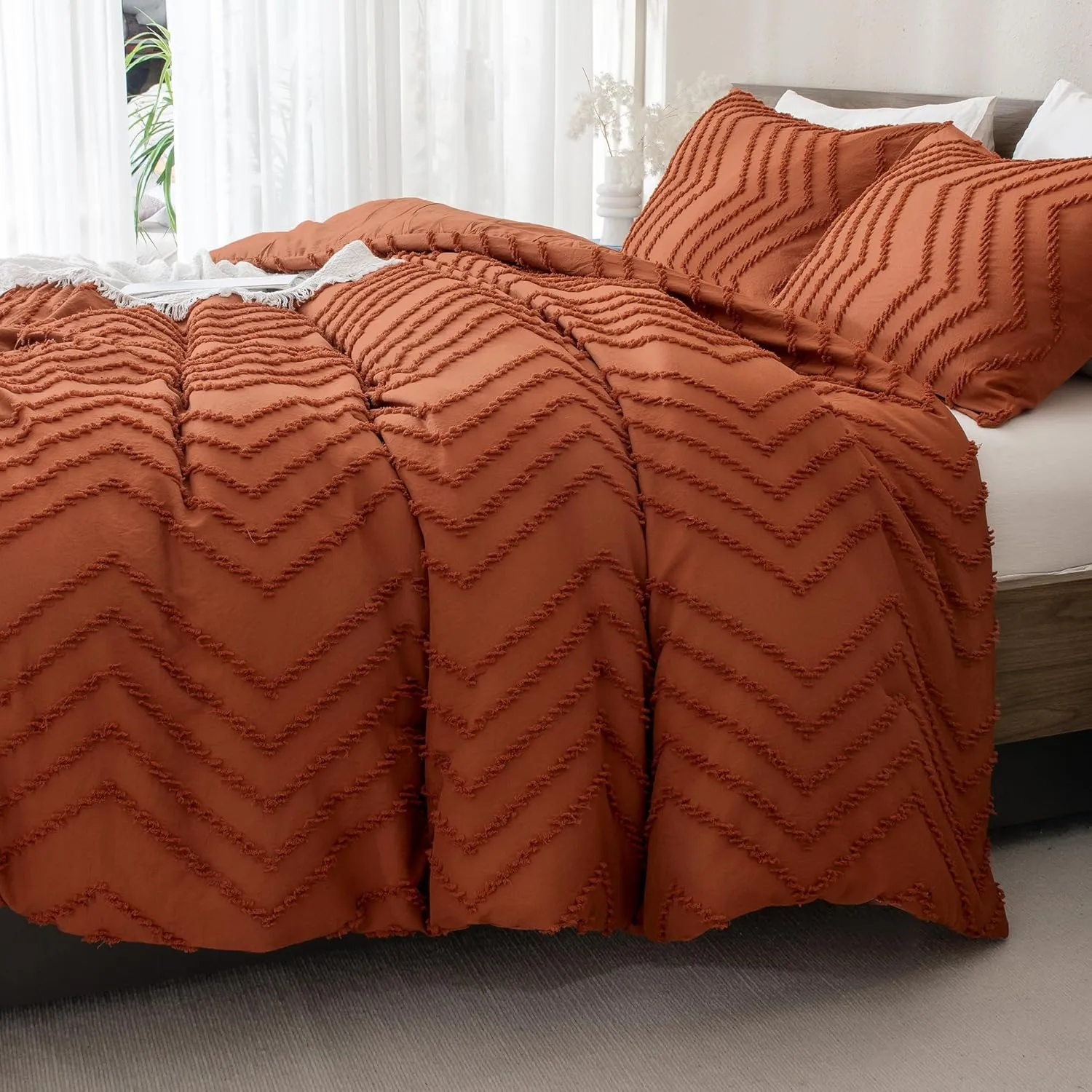 Andency Burnt Orange King Size Comforter, Boho Terracotta Soft Warm Bedding Comforter Sets for King Bed, 3 Pieces Rust Chevron Tufted Aesthetic Microfiber Lightweight Comforter Set