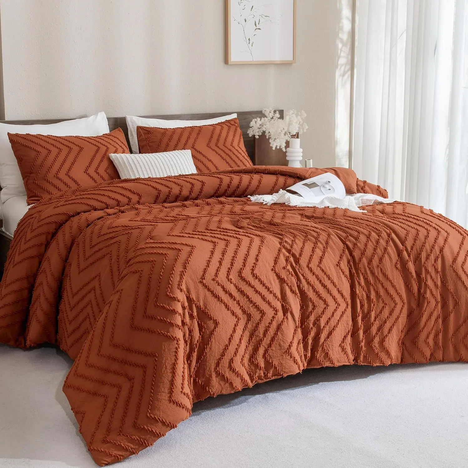 Andency Burnt Orange King Size Comforter, Boho Terracotta Soft Warm Bedding Comforter Sets for King Bed, 3 Pieces Rust Chevron Tufted Aesthetic Microfiber Lightweight Comforter Set