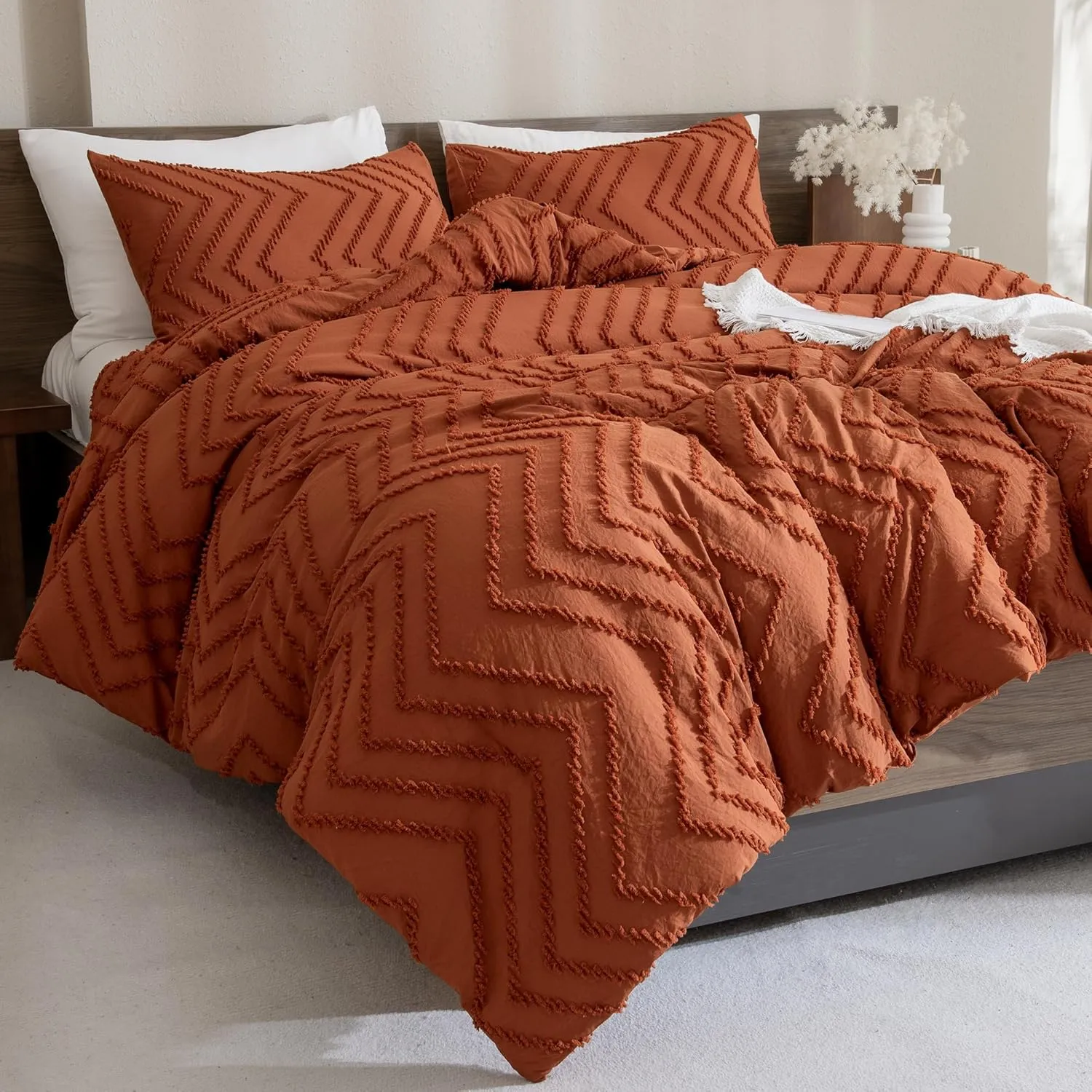Andency Burnt Orange King Size Comforter, Boho Terracotta Soft Warm Bedding Comforter Sets for King Bed, 3 Pieces Rust Chevron Tufted Aesthetic Microfiber Lightweight Comforter Set