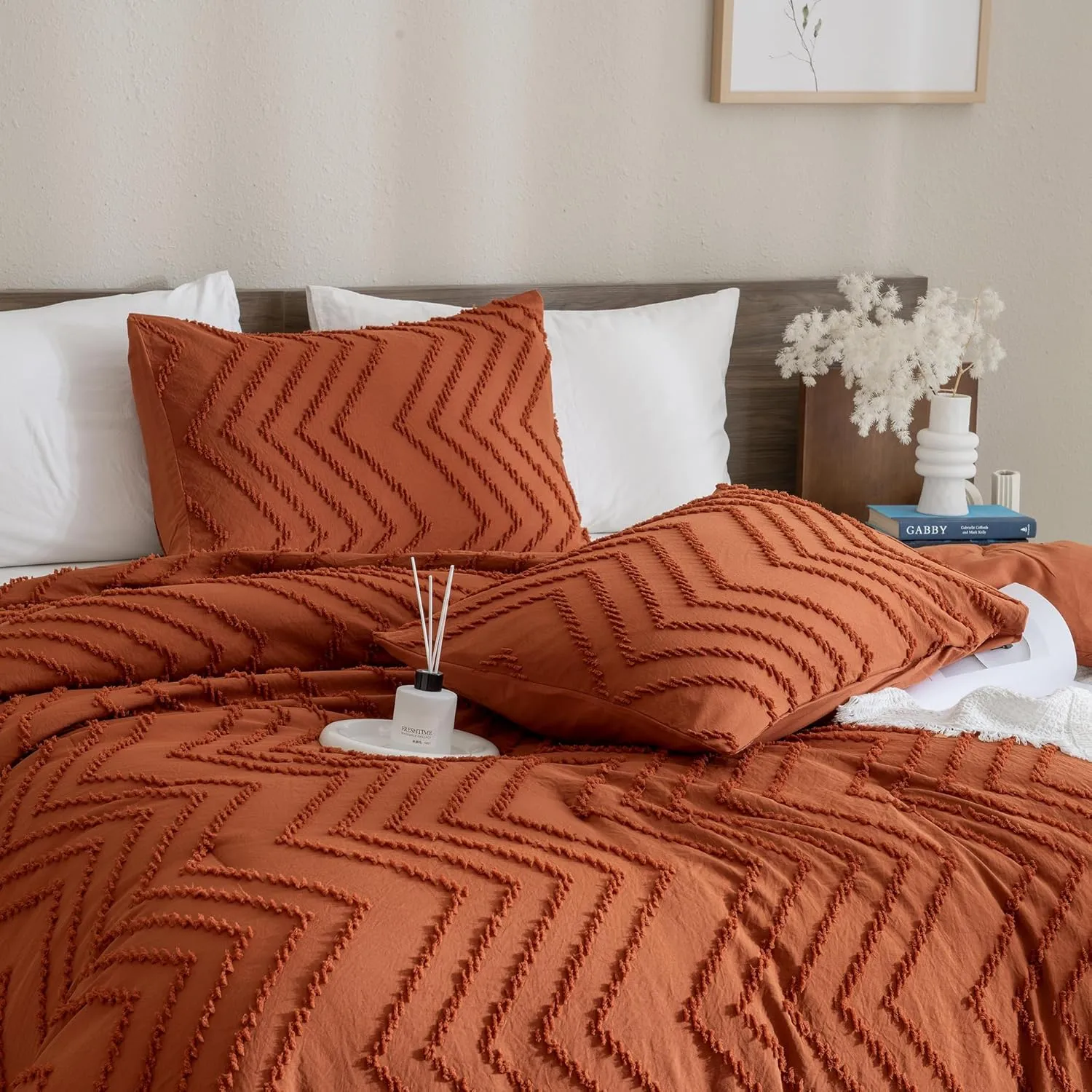 Andency Burnt Orange King Size Comforter, Boho Terracotta Soft Warm Bedding Comforter Sets for King Bed, 3 Pieces Rust Chevron Tufted Aesthetic Microfiber Lightweight Comforter Set