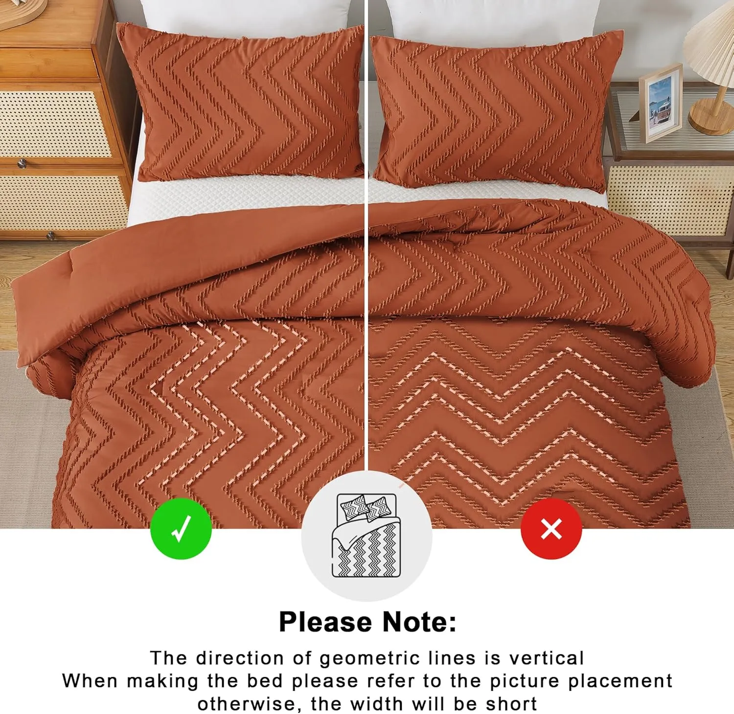 Andency Burnt Orange King Size Comforter, Boho Terracotta Soft Warm Bedding Comforter Sets for King Bed, 3 Pieces Rust Chevron Tufted Aesthetic Microfiber Lightweight Comforter Set