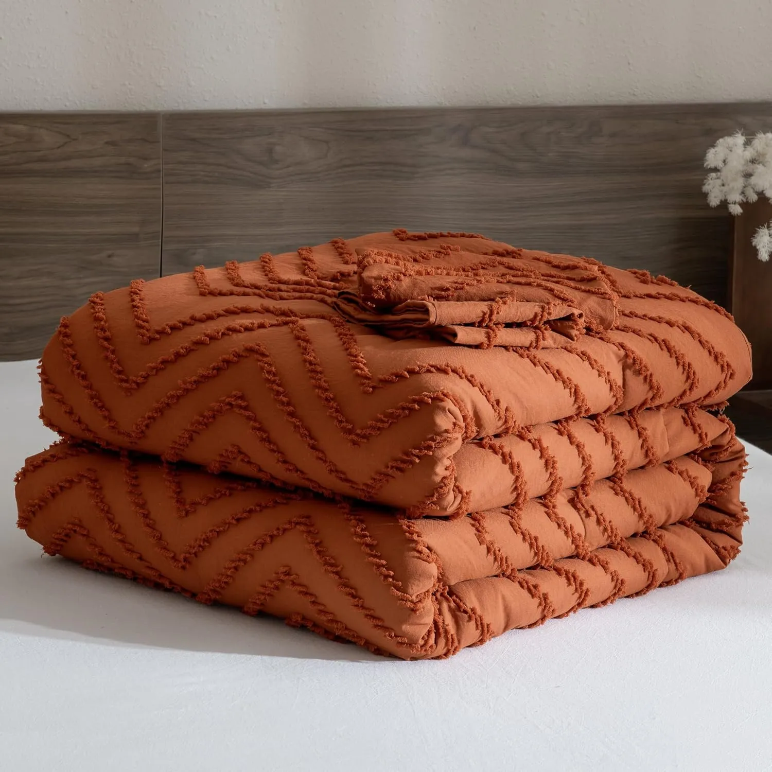 Andency Burnt Orange King Size Comforter, Boho Terracotta Soft Warm Bedding Comforter Sets for King Bed, 3 Pieces Rust Chevron Tufted Aesthetic Microfiber Lightweight Comforter Set