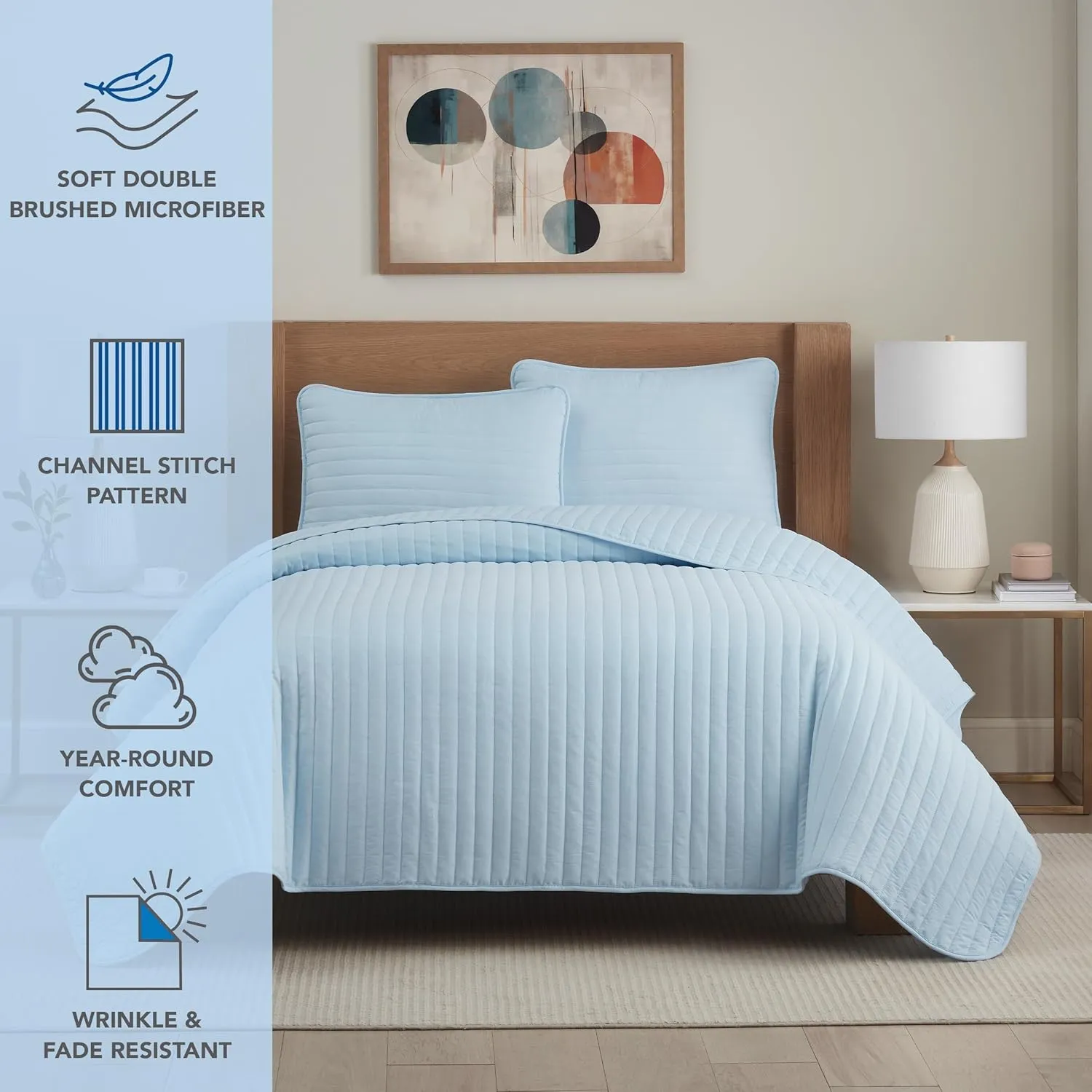 Arkwright Full/Queen Quilt Set - Soft Brushed Lightweight Microfiber Bedspread Coverlet Bedding Sets for All Seasons (1 Quilt, 2 Pillowcases Shams), 90x90 in, Light Blue