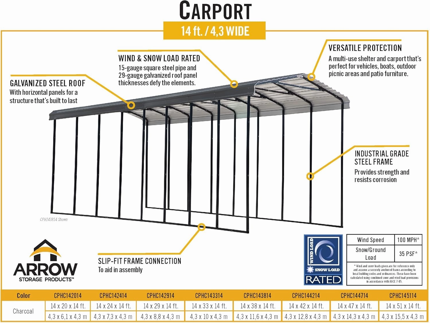 Arrow Carports Galvanized Steel Carport, RV Metal Carport Kit, 14' x 51' x 14', Charcoal