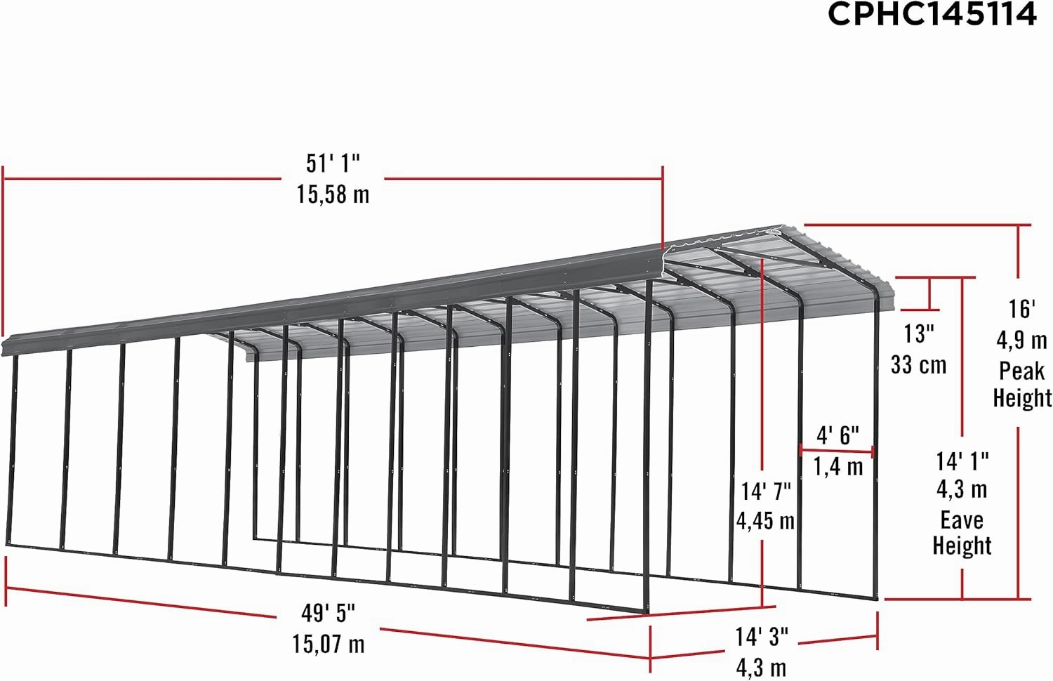 Arrow Carports Galvanized Steel Carport, RV Metal Carport Kit, 14' x 51' x 14', Charcoal