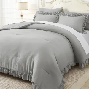ARTALL Twin Comforter Set Reyna Ruffled Comforter Sets 2 Pieces with 1 Pillow Sham, Vintage Farmhouse Shabby Chic Bedding Soft Fluffy Comforter Set All Season for Teens and Girls, Light Grey