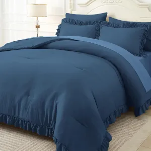 ARTALL Twin Comforter Set Reyna Ruffled Comforter Sets 2 Pieces with 1 Pillow Sham, Vintage Farmhouse Shabby Chic Bedding Soft Fluffy Comforter Set All Season for Teens and Girls, Navy Blue